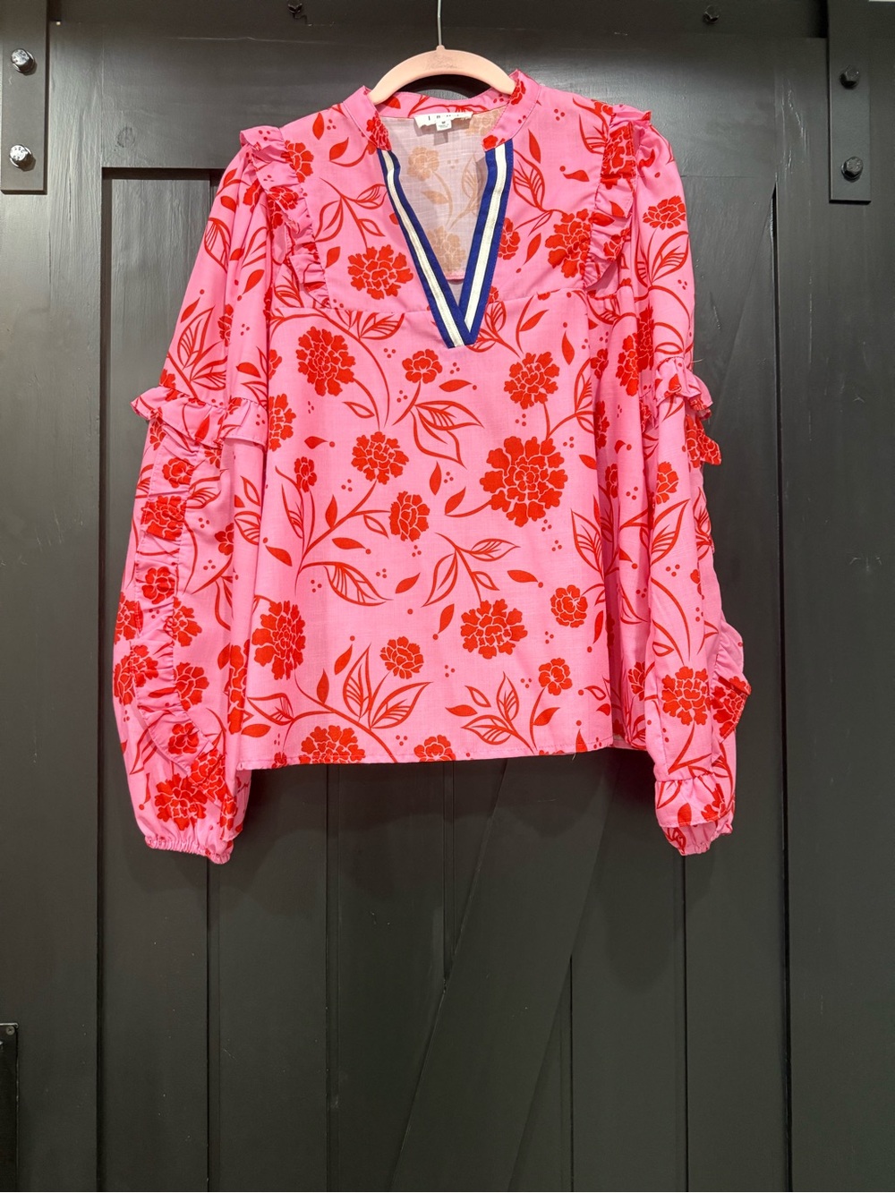 THML Pink Blouse with Red Floral Print and Navy Trim